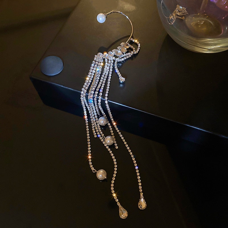 Long tassel Crystal Pearl clip Earring