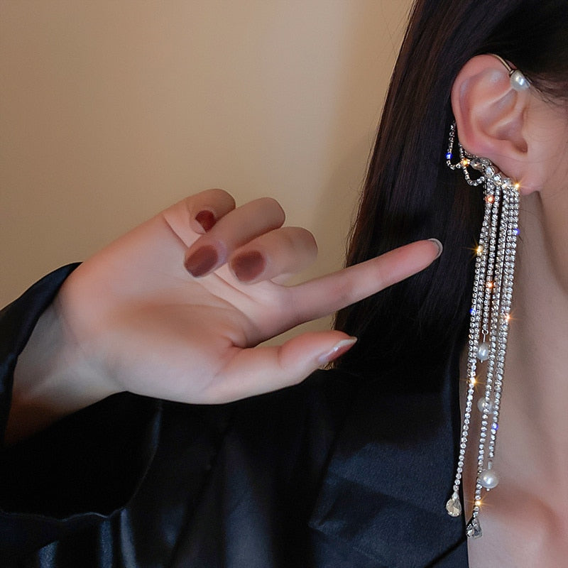 Long tassel Crystal Pearl clip Earring
